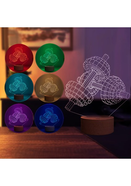Dumbell LED Masa Lambası Ahşap Taban 7 Farklı Işık Renkli