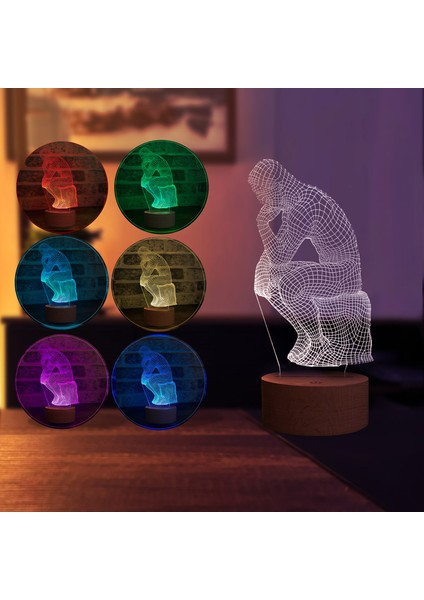 Düşünen Adam LED Gece Lambası Ahşap Taban 7 Farklı Işık Renkli