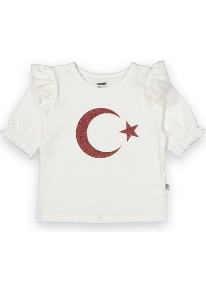 23 Nisan Türk Bayraklı Omuzu ve Kolu Fırfırlı Tişört Kız Çocuk - 2-9 Yaş - 2088