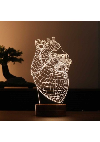 Canlı Kalp LED Masa Lambası Ahşap Taban 7 Farklı Işık Renkli