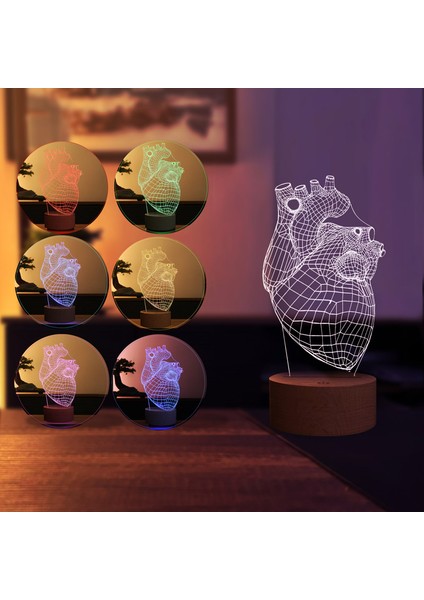 Canlı Kalp LED Masa Lambası Ahşap Taban 7 Farklı Işık Renkli fiyatları