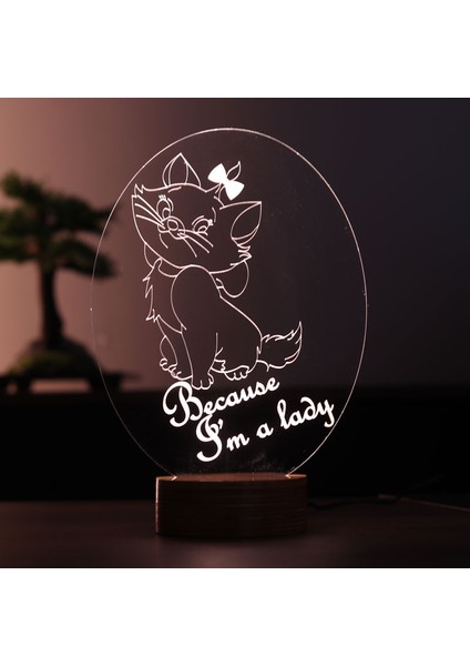 Kedi LED Masa Lambası Ahşap Taban 7 Farklı Işık Renkli