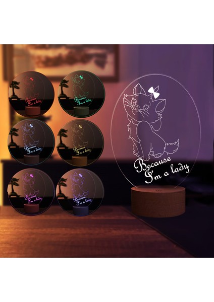 Kedi LED Masa Lambası Ahşap Taban 7 Farklı Işık Renkli