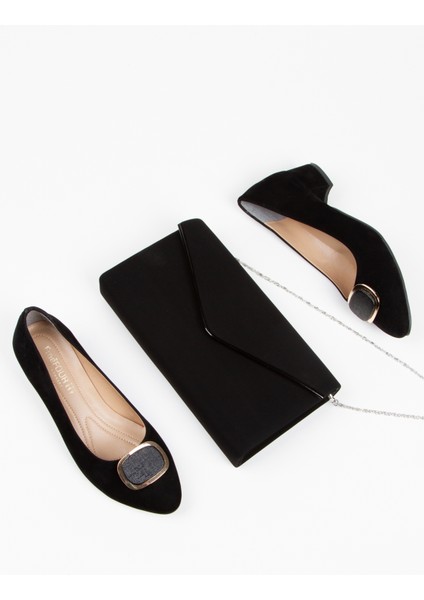 Kadın Kısa Topuklu Şık Tokalı Günlük Ayakkabı ve Çanta Takımı Siyah Süet