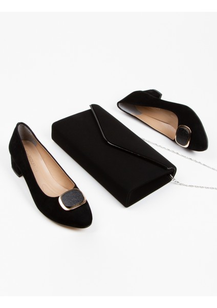 Kadın Kısa Topuklu Şık Tokalı Günlük Ayakkabı ve Çanta Takımı Siyah Süet modelleri