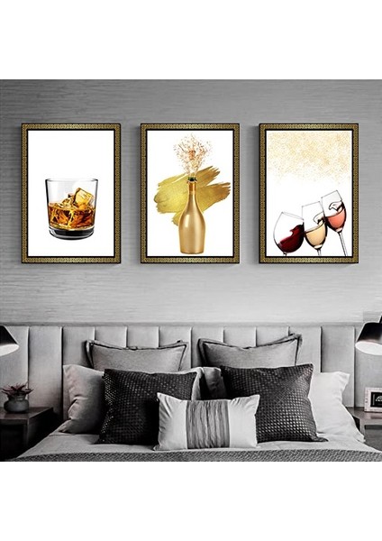 Gold Çerçeve Görünümlü Viski Şarap Bardağı Şampanya 3'lü Duvar Tablosu Retro Ahşap Poster