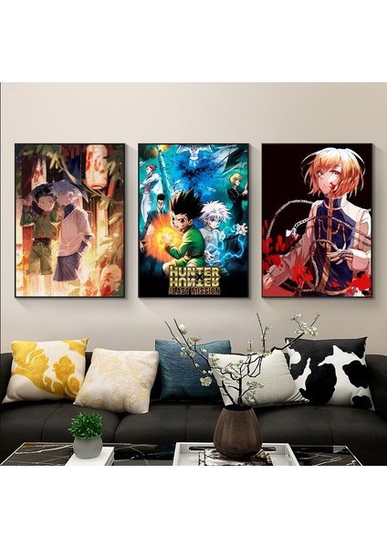 Hunter*hunter Çizgi Film Baskılı 3'lü Genç Odası Duvar Tablosu Retro Ahşap Poster