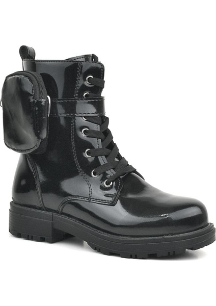 Siyah Rugan Fermuarlı Bağcıklı Cüzdanlı Kız Çocuk Bot