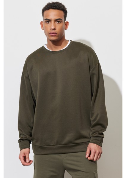 Erkek Haki Oversize Bol Kesim Bisiklet Yaka Düz Sweatshirt
