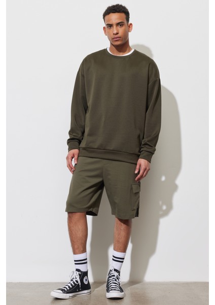 Erkek Haki Oversize Bol Kesim Bisiklet Yaka Düz Sweatshirt