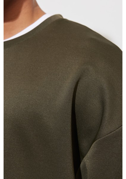 Erkek Haki Oversize Bol Kesim Bisiklet Yaka Düz Sweatshirt