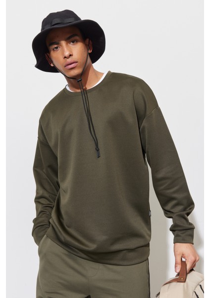 Erkek Haki Oversize Bol Kesim Bisiklet Yaka Düz Sweatshirt