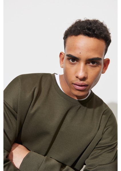 Erkek Haki Oversize Bol Kesim Bisiklet Yaka Düz Sweatshirt