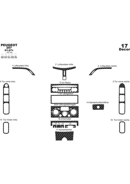 Meriç® Peugeot 207 Ön Torpido Kaplama Maun 17 Parça 2007-›