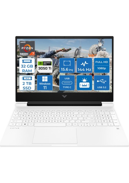 Victus 15-FB0004NT AMD Ryzen 7 5800H 32GB 2TB SSD 4GB RTX3050Ti Windows 11 Pro 15.6" FHD 144Hz Taşınabilir Bilgisayar 71T71EA018