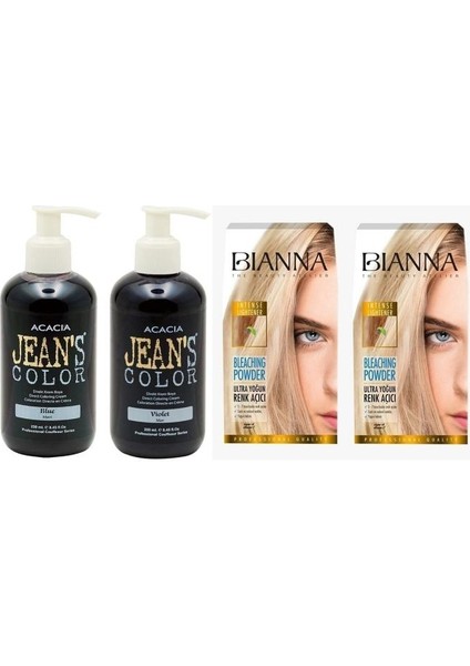 Jean's Color Mor Violet Saç Boyası 250 ml + Mavi 250 Ml+ Bianna Açıcı 2 Paket