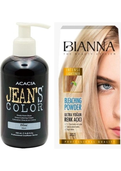Jean's Color Mavi 250ML. Blue Amonyaksız Balyaj Renkli Saç Boyası + Bianna Açıcı Set