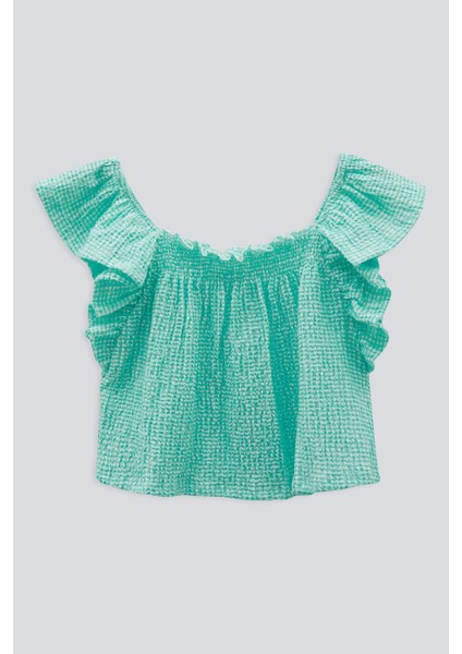 (Kids Girl) Mini Kareli Kol Fırfır Crop Top