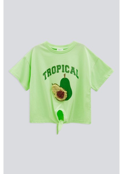 (Kids Girl) Baskılı Nakışlı Crop T-Shırt