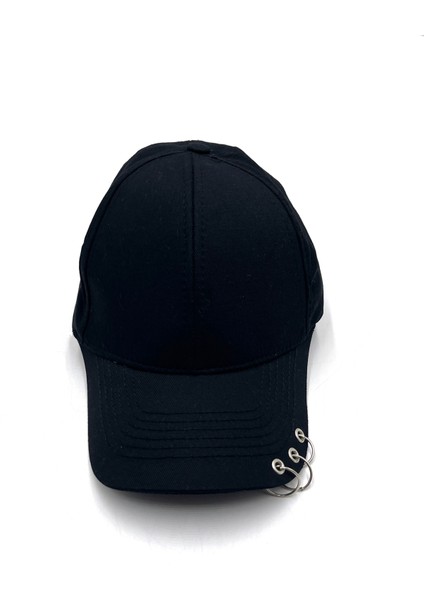 Naz Ipek Siyah 3 Halka Piercingli Şapka Cırtcırtlı Ayarlanabilir Yazlık Kpop Bandana Unisex