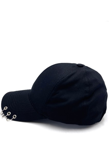 Naz Ipek Siyah 3 Halka Piercingli Şapka Cırtcırtlı Ayarlanabilir Yazlık Kpop Bandana Unisex