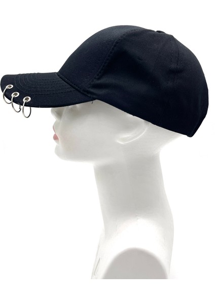 Naz Ipek Siyah 3 Halka Piercingli Şapka Cırtcırtlı Ayarlanabilir Yazlık Kpop Bandana Unisex