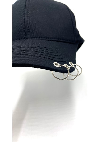 Naz Ipek Siyah 3 Halka Piercingli Şapka Cırtcırtlı Ayarlanabilir Yazlık Kpop Bandana Unisex