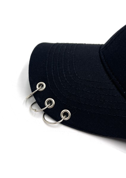 Naz Ipek Siyah 3 Halka Piercingli Şapka Cırtcırtlı Ayarlanabilir Yazlık Kpop Bandana Unisex