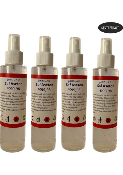 Saf Aseton | Extra Saf %99.98 | 250 ml 4 Adet | Sertifikalı