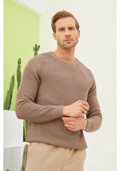 Bisiklet Yaka Selanik Örgü Pamuklu Erkek Vizon Triko Kazak