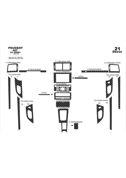 Meriç® Peugeot 407 Ön Torpido ve Kapılar Maun 10 Parça 2005-2010