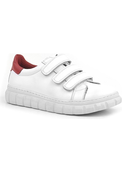 Hakiki Deri Beyaz Kırmızı Cırtlı Çocuk Günlük Spor Okul Ayakkabı