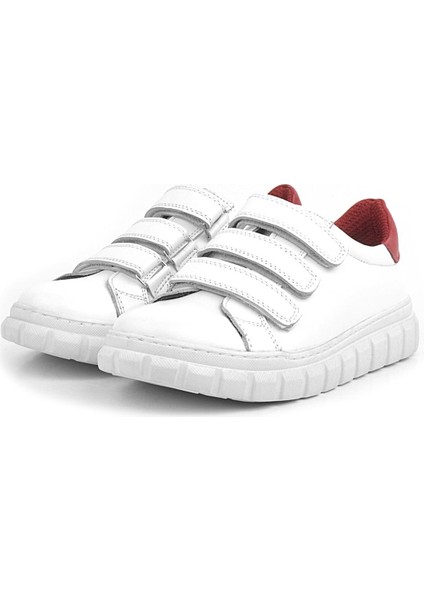 Hakiki Deri Beyaz Kırmızı Cırtlı Çocuk Günlük Spor Okul Ayakkabı modelleri