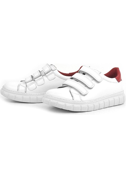 Hakiki Deri Beyaz Kırmızı Cırtlı Çocuk Günlük Spor Okul Ayakkabı fırsatları