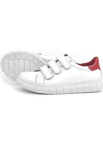 Hakiki Deri Beyaz Kırmızı Cırtlı Çocuk Günlük Spor Okul Ayakkabı indirimleri