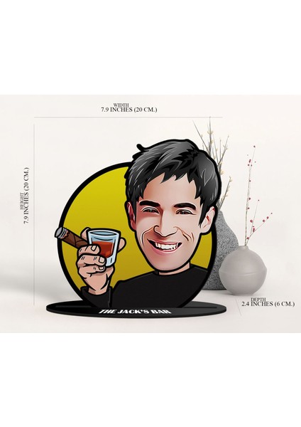 Kişiye Özel Karikatürlü 3D Ahşap Biblo ve Siyah Mini Içki Şişesi Tişörtü Hediye Seti, Arkadaşa Hediye, Sevgiliye Hediye