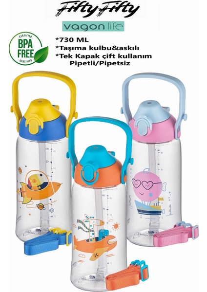 730ML Tritan Tek Kapak Çift Kullanım Pipetli/pipetsiz Askı Aparatlı Tritan Çocuk Su Matarası