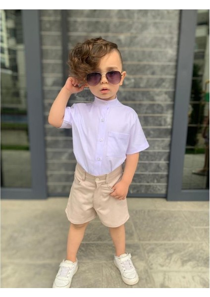 Kardeş Kombin Keten Şortlu Erkek Çocuk Takım - Krem fiyatları