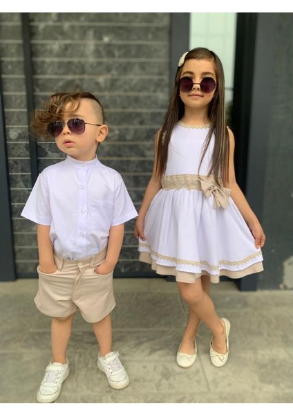 Kardeş Kombin Keten Şortlu Erkek Çocuk Takım - Krem modelleri