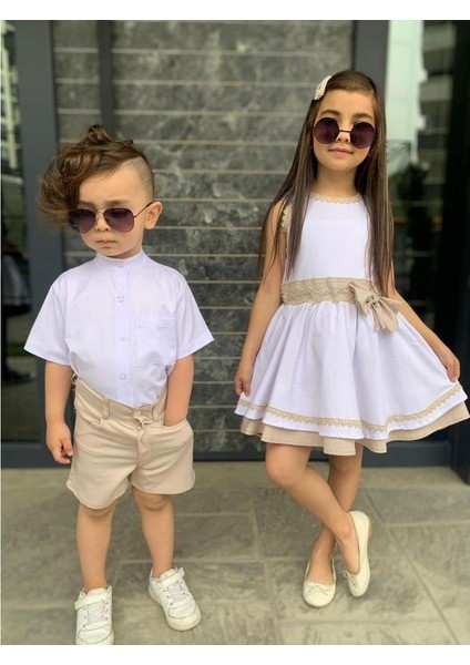 Kardeş Kombin Keten Şortlu Erkek Çocuk Takım - Krem fırsatları