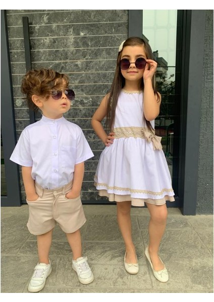 Kardeş Kombin Keten Şortlu Erkek Çocuk Takım - Krem indirimleri