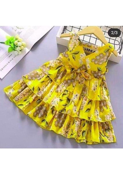 Limon Sarı Kardeş Kombin Çiçekli Kız Çocuk Elbise & Bandana Kombin fiyatları