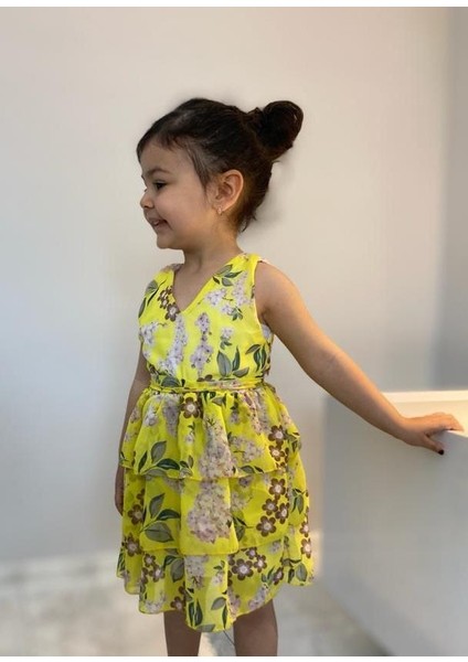 Limon Sarı Kardeş Kombin Çiçekli Kız Çocuk Elbise & Bandana Kombin modelleri
