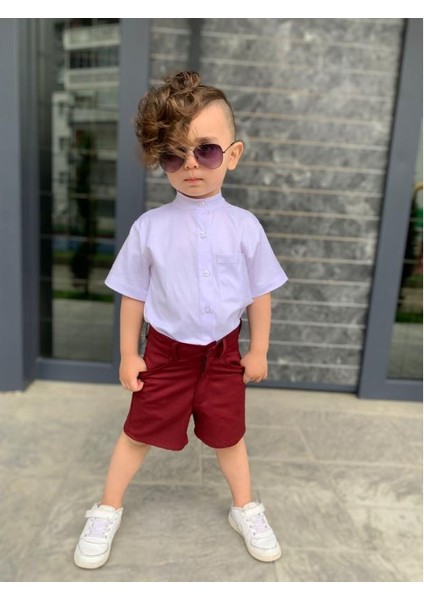 Kardeş Kombin Keten Şortlu Erkek Çocuk Takım - Bordo fiyatları