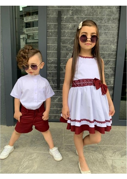 Kardeş Kombin Keten Şortlu Erkek Çocuk Takım - Bordo modelleri