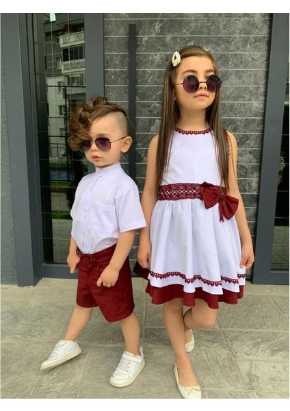 Kardeş Kombin Keten Şortlu Erkek Çocuk Takım - Bordo fırsatları