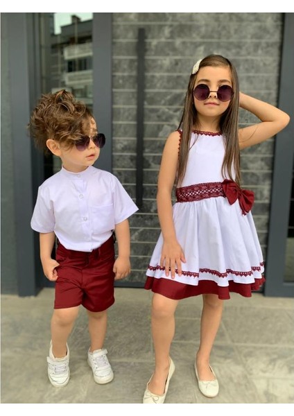 Kardeş Kombin Keten Şortlu Erkek Çocuk Takım - Bordo indirimleri