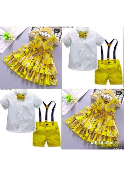 Limon Sarı Kardeş Kombin Çiçekli Kız Çocuk Elbise & Bandana Kombin fırsatları