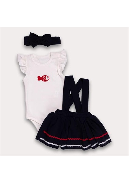 Marin Balık Baskılı Salopetli Kız Bebek Elbise