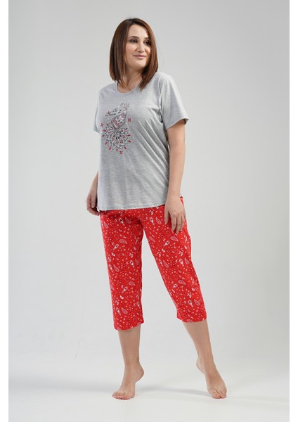 Pamuklu Kadın Büyük Beden Kısa Kol Kaprili Pijama Takım fiyatları